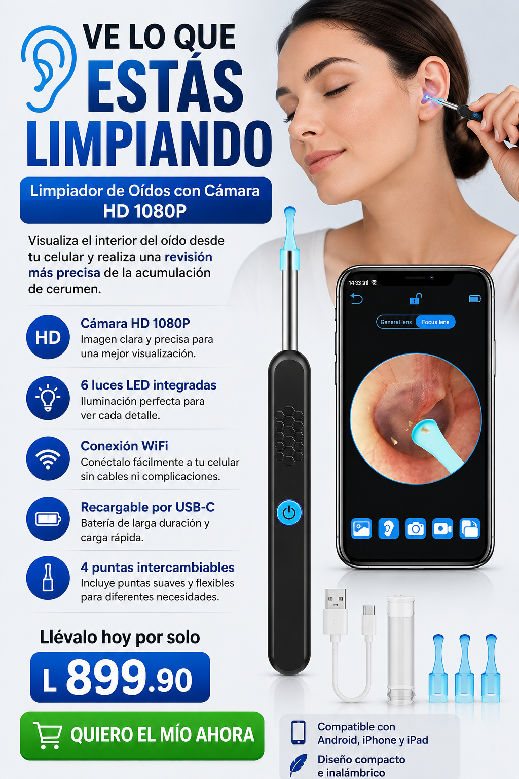 Nuevo Limpiador de Oídos con Cámara®: Limpieza profunda, segura y precisa minutos