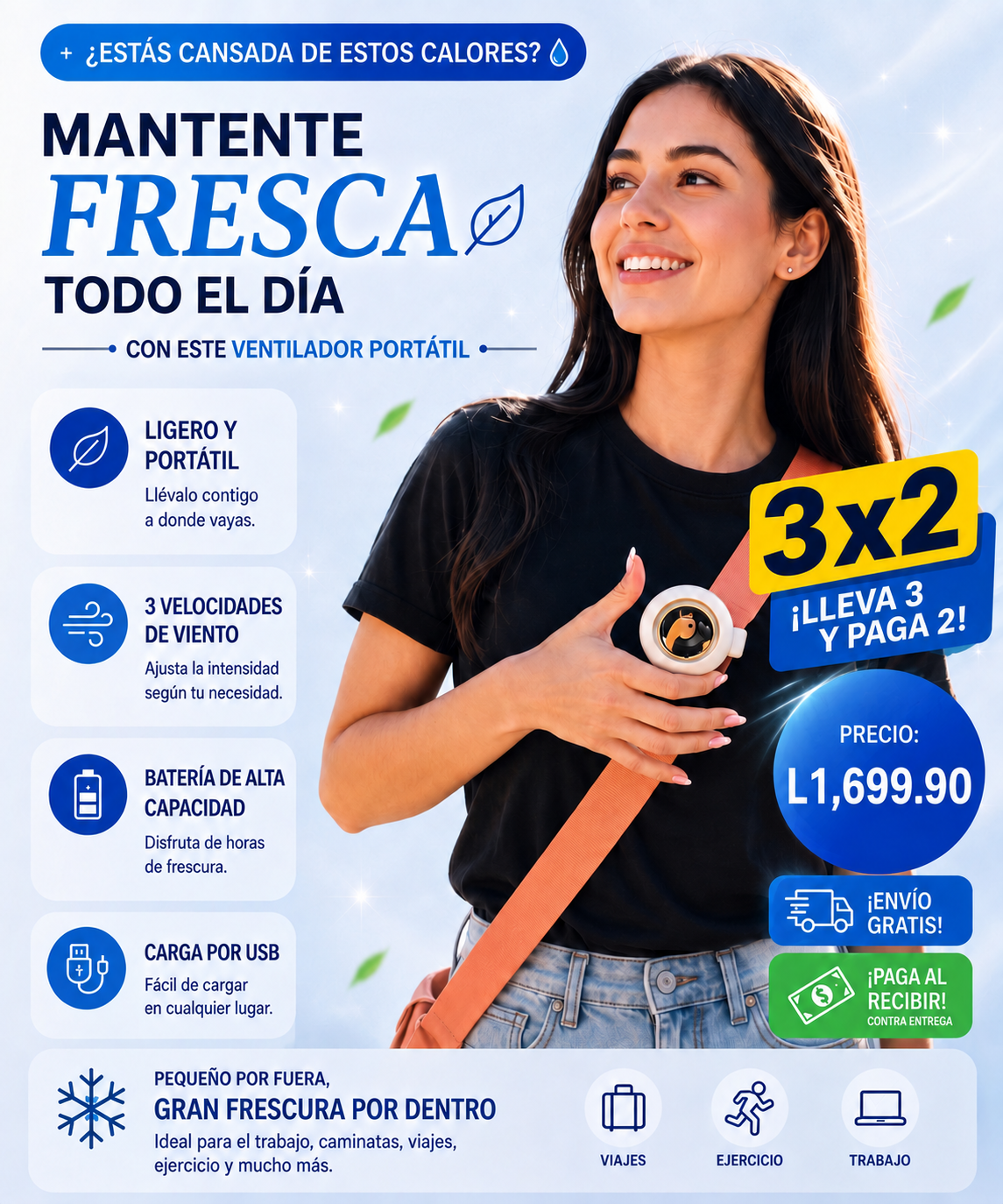 Mini Ventilador Portátil® OFERTA 3X2: Mantente fresca, impecable y libre de sudor