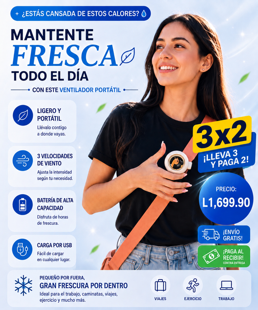 Mini Ventilador Portátil® OFERTA 3X2: Mantente fresca, impecable y libre de sudor
